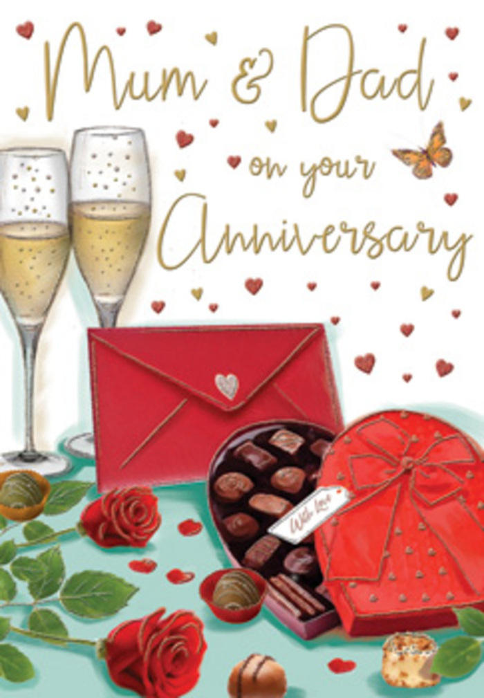 This anniversary card artwork evokes the ambience of a lovingly prepared celebration in Earl's Court, as if the table has been laid with care in a small, candlelit flat. The focal point is a pair of elegant champagne flutes, standing side by side in quiet unity. They are filled with pale golden champagne, the delicate bubbles rising in steady streams that shimmer in the soft, ambient light. In front of the glasses, two opulent red roses stretch across the table, their petals curling outward in rich layers that catch hints of shadow and highlight, giving each bloom a lush, almost three-dimensional presence. The surrounding foliage is a deep, healthy green, providing a fresh counterpoint to the indulgent reds and golds that dominate the scene. Nearby, a heart-shaped chocolate box commands attention, coated in a vivid red sheen and finished with a dramatic satin bow whose tails trail gracefully across the surface. The lid is tipped open, revealing a neatly arranged selection of chocolates, their surfaces smooth and inviting, with a few pieces deliberately scattered to add a sense of movement and spontaneity. Above and around this arrangement, tiny gold and crimson hearts drift gently like confetti, framing warm hand-lettered wishes for Mum and Dad with a subtle playfulness. A scarlet envelope, neatly sealed and slightly angled, suggests a personal message tucked inside-perhaps memories of family gatherings, Sunday walks, or years spent around Earl's Court and neighbouring Kensington. Reflections on the glass and the slight gleam on the satin and chocolates add a sense of realism and intimacy. The overall composition, rich in red, gold, and cream tones, conveys a deep appreciation for enduring love and the shared rituals that make anniversaries so special.