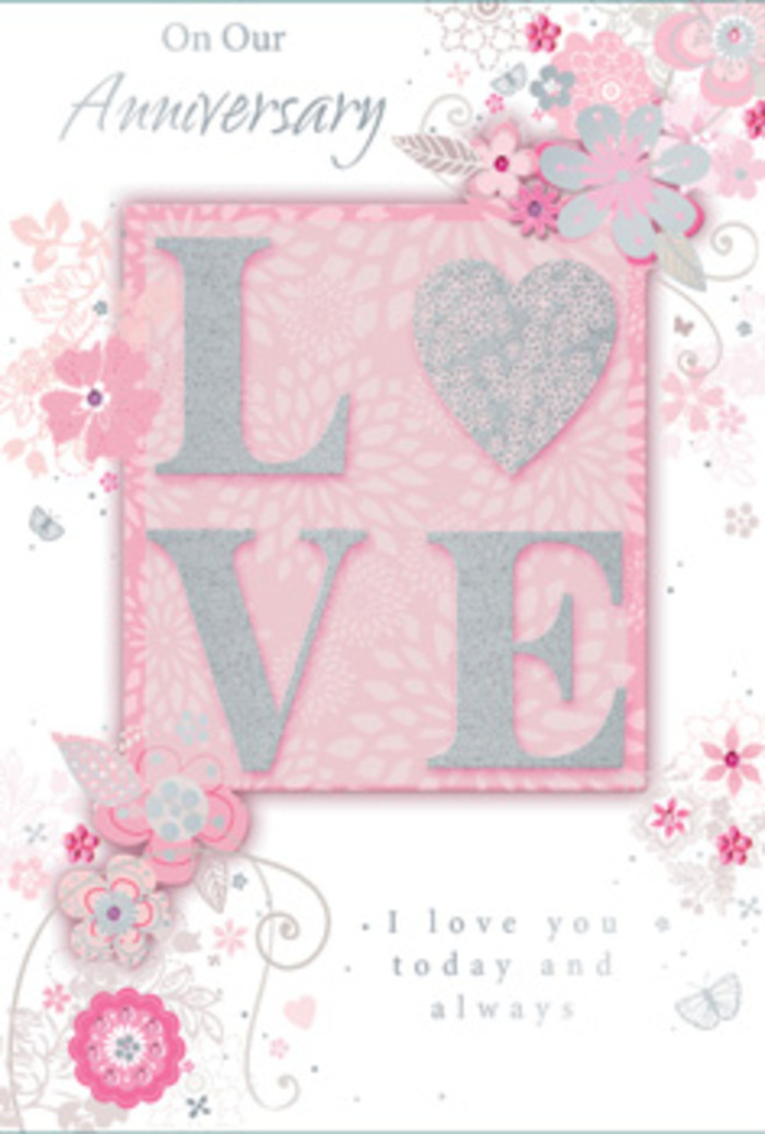 This beautifully composed anniversary card feels like a hand-tied bouquet translated into paper, the sort of piece you might find thoughtfully chosen at Flower Delivery Earl's Court for a special milestone. The main motif is the word LOVE, positioned proudly at the centre in bold, raised letters that carry a frosted glitter finish. These letters shimmer between blush pink and pearly white, with delicate silver highlights that catch even the faintest light, similar to candlelight reflecting off petals during a romantic dinner near Earl's Court station. The tactile surface of the glitter invites the fingertips to linger, adding a sensory dimension to the visual charm. Around this central word, wispy hand-drawn blooms drift along the borders and edges of the card. Their petals are painted in soft shades of pink, lilac, and creamy ivory, blending seamlessly into one another like the colours in a carefully graded bouquet. Fine flourishes and filigree lines curl between the flowers, sketching out the suggestion of trailing vines and tender new leaves. Nestled among these details are tiny, almost-hidden butterflies, their shapes subtle enough that they feel like a gentle discovery rather than a bold statement. The background itself is a warm, subdued pink that cradles the entire composition with a reassuring calm. Across this dreamy setting, a graceful message-I love you today and always, or words of similar devotion-is set in understated type that neither shouts nor fades, but simply belongs. The card as a whole radiates quiet gratitude and enduring hope, like a lovingly arranged anniversary bouquet delivered to a cosy Earl's Court flat, celebrating the everyday beauty of a shared life.