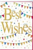 This Best Wishes card radiates a bright, optimistic energy that would pair beautifully with a vibrant bouquet delivered anywhere in and around Earl's Court. At the heart of the design, the greeting is written in sweeping golden script, the letters slightly raised so they almost glint when light touches them, like the evening sun sliding across the façades of nearby townhouses. The gold has a soft, glittering finish that brings a sense of luxury without feeling overdone, and it stands out clearly against the clean, white card. Enveloping this central message, lines of bunting arc gracefully from side to side, creating a loose frame above and below the text. Each bunting flag is a small triangle of colour-deep blue, bright red, leafy green, mellow yellow, and fresh pink-decorated with subtle patterns of dots, stripes, or tiny tessellations, giving the impression of carefully curated decorations for a neighbourhood celebration. Sprinkled around these colourful swags are miniature stars and round confetti dots in complementary hues, arranged as if they had just been tossed into the air during a happy announcement. The design leaves plenty of breathing space, allowing every element to be noticed without crowding the eye, and helping the gold lettering remain the star of the show. The mood is joyful, inclusive, and encouraging, ideal for congratulating someone on a new flat near Cromwell Road, a promotion, or a personal milestone. It feels like a small, beautifully designed invitation to celebrate, thoughtfully crafted to travel alongside fresh flowers and share in a special moment.