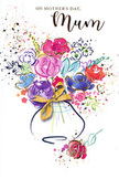 In the centre of this Mother's Day card lies a joyous, watercolour bouquet that looks as if it has just been imagined in a creative corner of Earl's Court. The main flowers are painted in lush shades of pink, cerise, and rich magenta, their petals formed by swirling, overlapping strokes that suggest roses and mixed blossoms in full, generous bloom. Deep indigo lines swirl around these shapes, adding definition and rhythm, while gentle touches of lavender, cornflower blue, and soft apricot tuck themselves between the stronger tones, giving the arrangement a beautifully balanced harmony. Lively green strokes, in both bright chartreuse and deeper leafy shades, weave throughout, hinting at stems and foliage without losing the looseness of the style. Fine gold accents shimmer along some petal edges, then scatter outward in tiny droplets and heart shapes at the edges of the composition, like affectionate thoughts and memories drifting around the bouquet. All of this colour gathers into a softly contoured vase, its form suggested by light washes and completed with a gleaming golden bow that recalls the finishing touch on a hand-tied bouquet prepared for delivery along Earl's Court Road or towards Old Brompton Road. The crisp white background allows each hue to stand out clearly, so the bouquet seems to hover in an airy, joyful space. The overall impression is warm, tender, and quietly celebratory-a paper bouquet that mirrors the feeling of presenting fresh flowers to a much-loved mum on a bright Mother's Day morning in Earl's Court.
