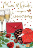 In this anniversary card illustration, the spirit of a quiet, romantic evening in Earl's Court is captured through a carefully balanced arrangement of classic symbols of love. At the centre-back, two tall champagne flutes stand close together, their slim stems and gently curving bowls catching a mellow, golden light. Each glass is filled with sparkling champagne, tiny bubbles rising and swirling in a way that suggests an imminent toast between partners who know each other well. In the foreground, two exquisitely detailed red roses rest on the table, their petals velvety and full, unfurling in deep layers of ruby and crimson. Fresh green leaves cluster around the blooms, hinting at the quality and care of flowers chosen by an experienced local florist. To one side, a red heart-shaped chocolate box adds a sense of indulgence and celebration. Its glossy surface is crowned with an extravagant red bow, the satin ribbon twisting softly, while the lid is partly open to reveal neatly lined chocolates, each piece perfectly shaped and temptingly smooth. A few chocolates lie nearby, slightly apart from the box, suggesting they have already been discovered and shared. Above the central composition, tiny golden and crimson hearts drift across the surface of the card, framing affectionate hand-lettered words for Mum and Dad in warm, flowing script. A scarlet envelope, firmly sealed, rests at the edge of the scene, waiting to be opened and read in a quiet moment, perhaps after a walk along Earl's Court Road. The colour palette of rich reds, glowing golds, and creamy neutrals, together with the subtle reflections on glass and ribbon, lends the entire image a cosy, celebratory atmosphere-perfect for honouring an anniversary full of shared stories and enduring affection.